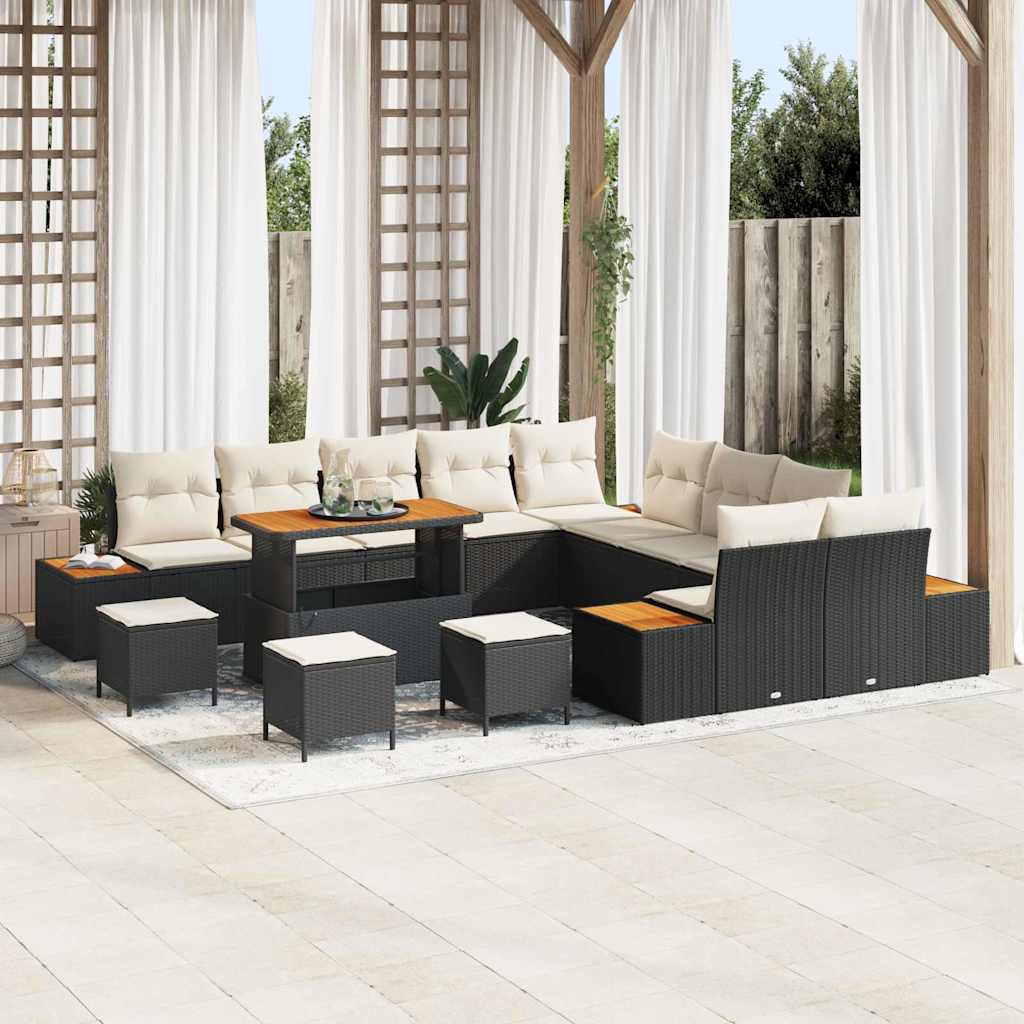 Garten-Sofa-Set mit Kissen mit Speicher Schwarz Poly Rattan
